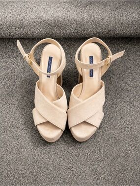 Stuart Weitzman Beige Suede Platform Block-Heel Sandals
